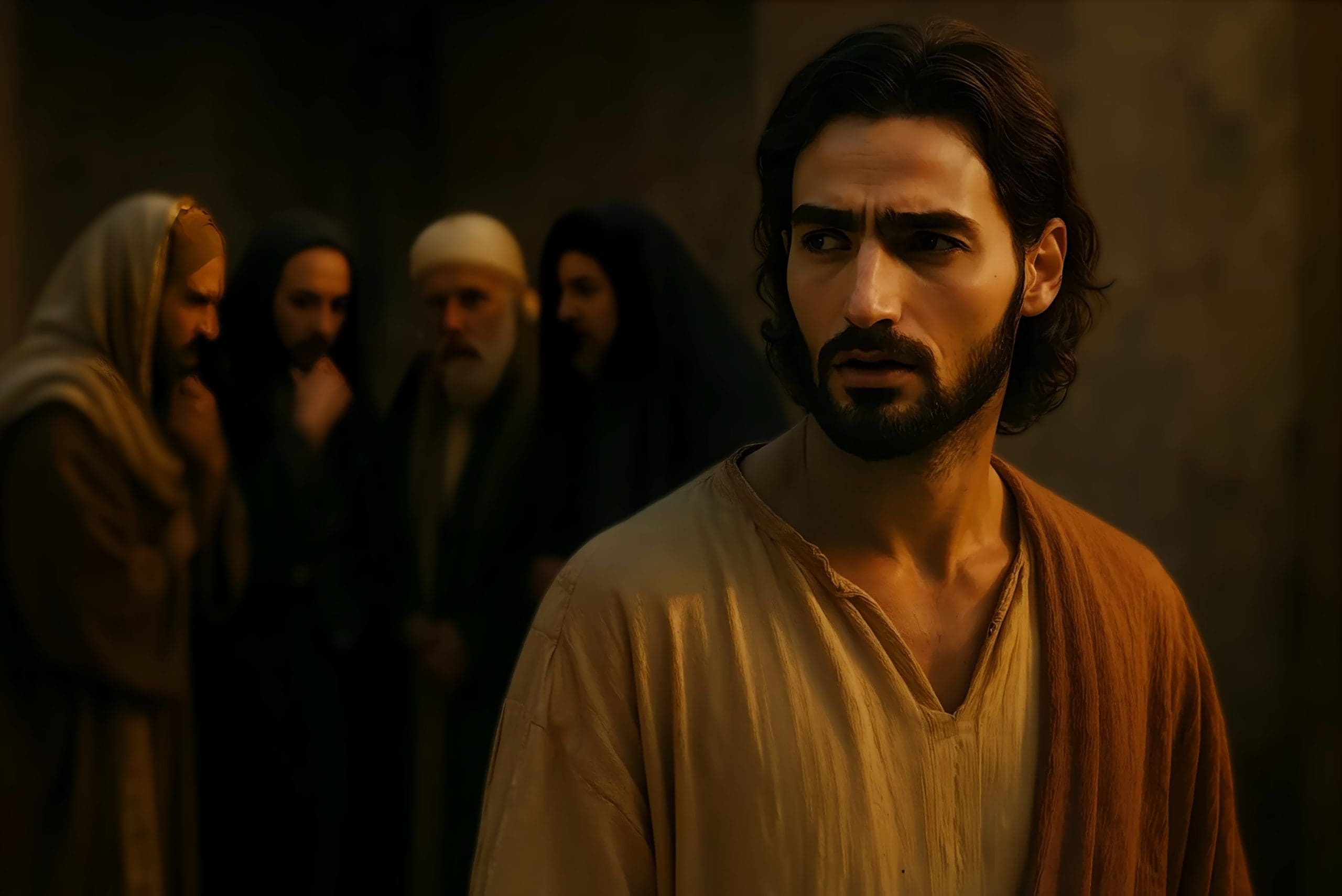 Jesus confronted by Jewish religious leaders in ancient Jerusalem, a biblical scene depicting tension and conspiracy against Him.